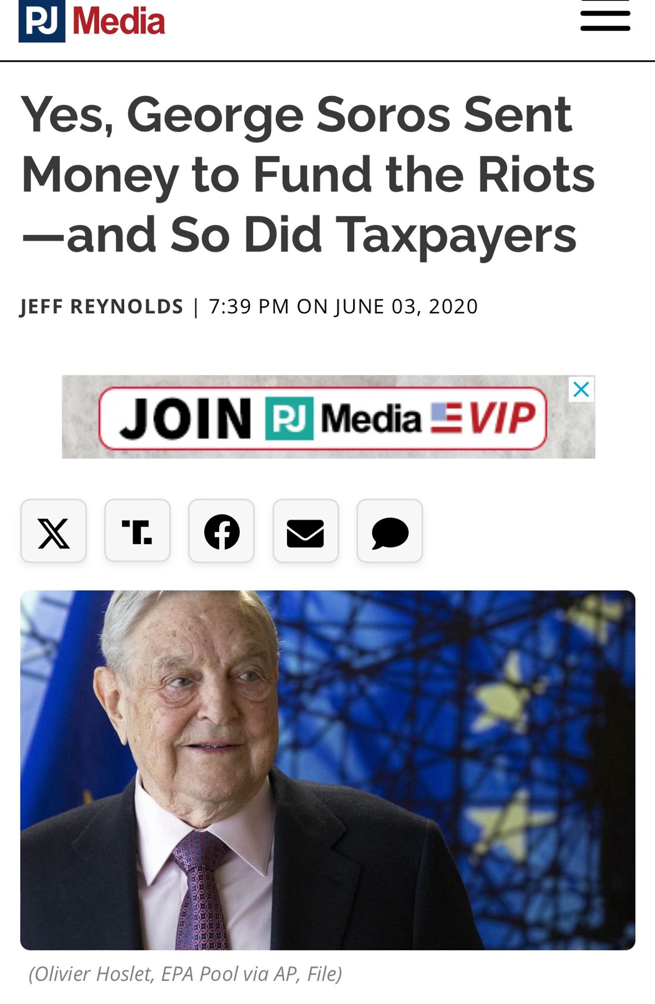 PJ Media
Yes, George Soros Sent Money to Fund the Riots
-and So Did Taxpayers
JEFF REYNOLDS | 7:39 PM ON JUNE 03, 2020
X
JOIN PJ Media E VIP
"Г.
f
(Olivier Hoslet, EPA Pool via AP, File)