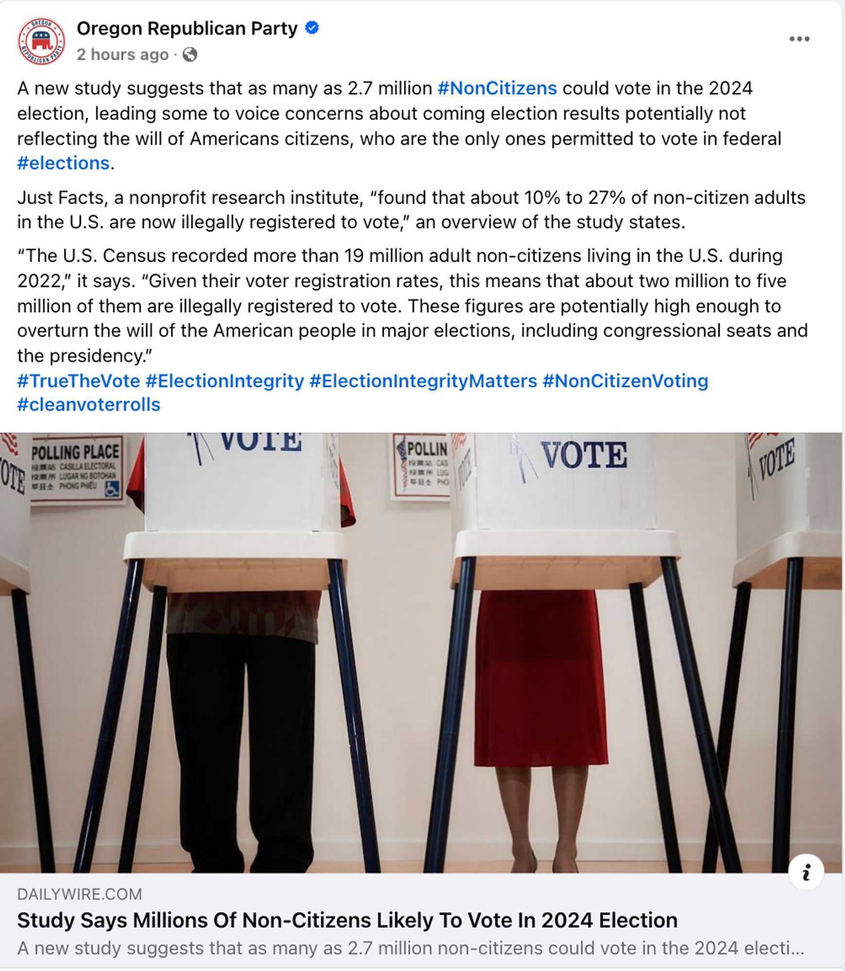 Oregon Republican Party 
  · 
A new study suggests that as many as 2.7 million #NonCitizens could vote in the 2024 election, leading some to voice concerns about coming election results potentially not reflecting the will of Americans citizens, who are the only ones permitted to vote in federal #elections.
Just Facts, a nonprofit research institute, “found that about 10% to 27% of non-citizen adults in the U.S. are now illegally registered to vote,” an overview of the study states.
“The U.S. Census recorded more than 19 million adult non-citizens living in the U.S. during 2022,” it says. “Given their voter registration rates, this means that about two million to five million of them are illegally registered to vote. These figures are potentially high enough to overturn the will of the American people in major elections, including congressional seats and the presidency.”
#TrueTheVote #ElectionIntegrity #ElectionIntegrityMatters #NonCitizenVoting #cleanvoterrolls