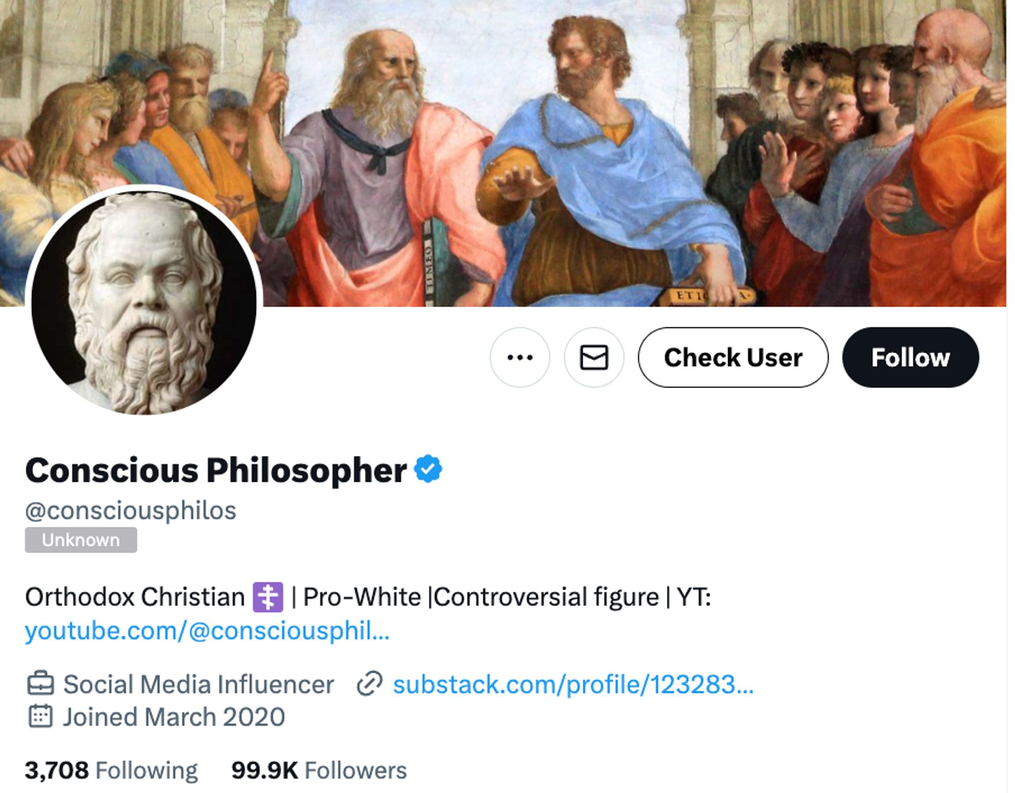 Conscious Philosopher's Twitter bio showing they have 99.9K followers.