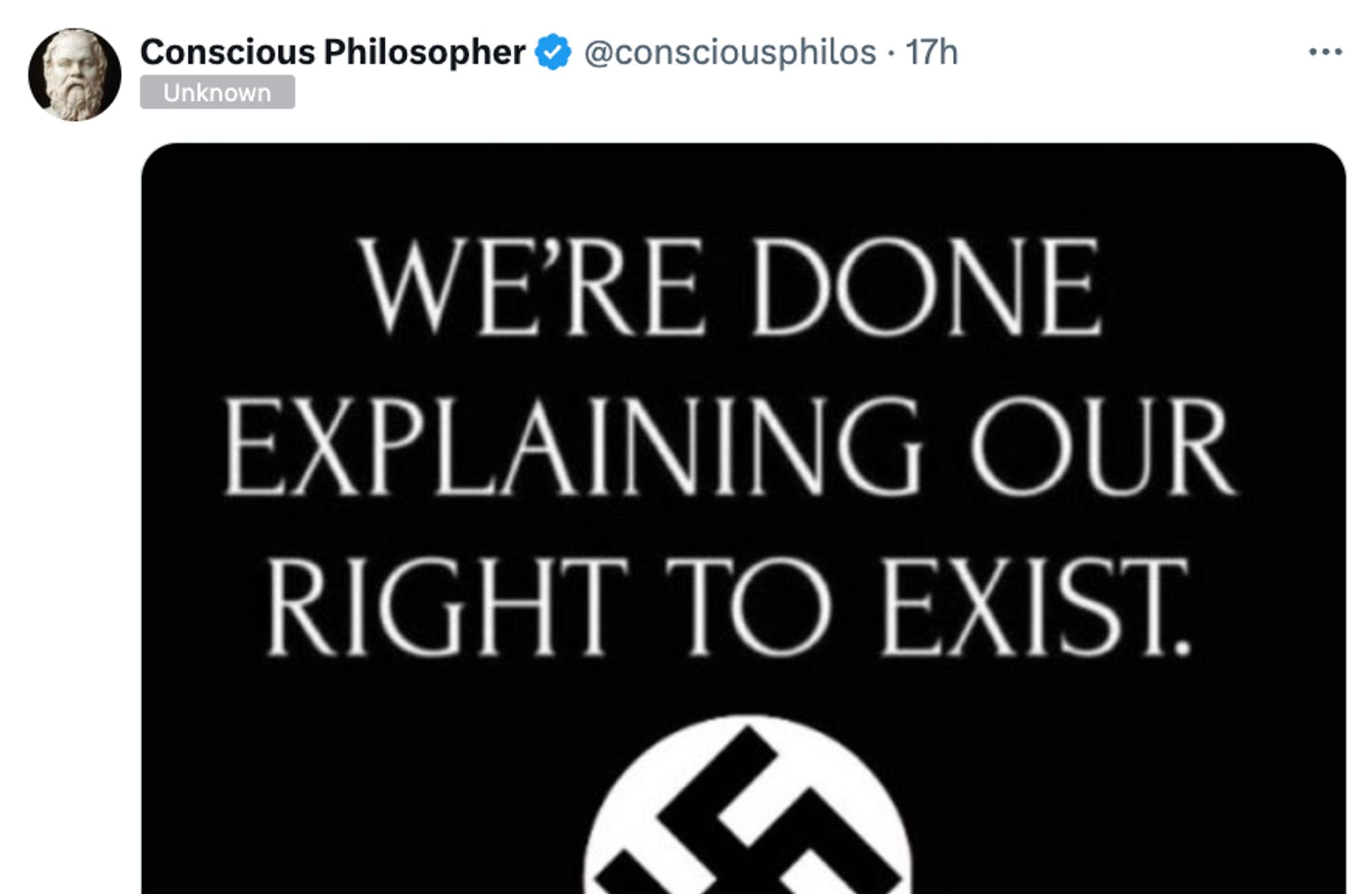 "We're done explaining our right to exist" over a swastika