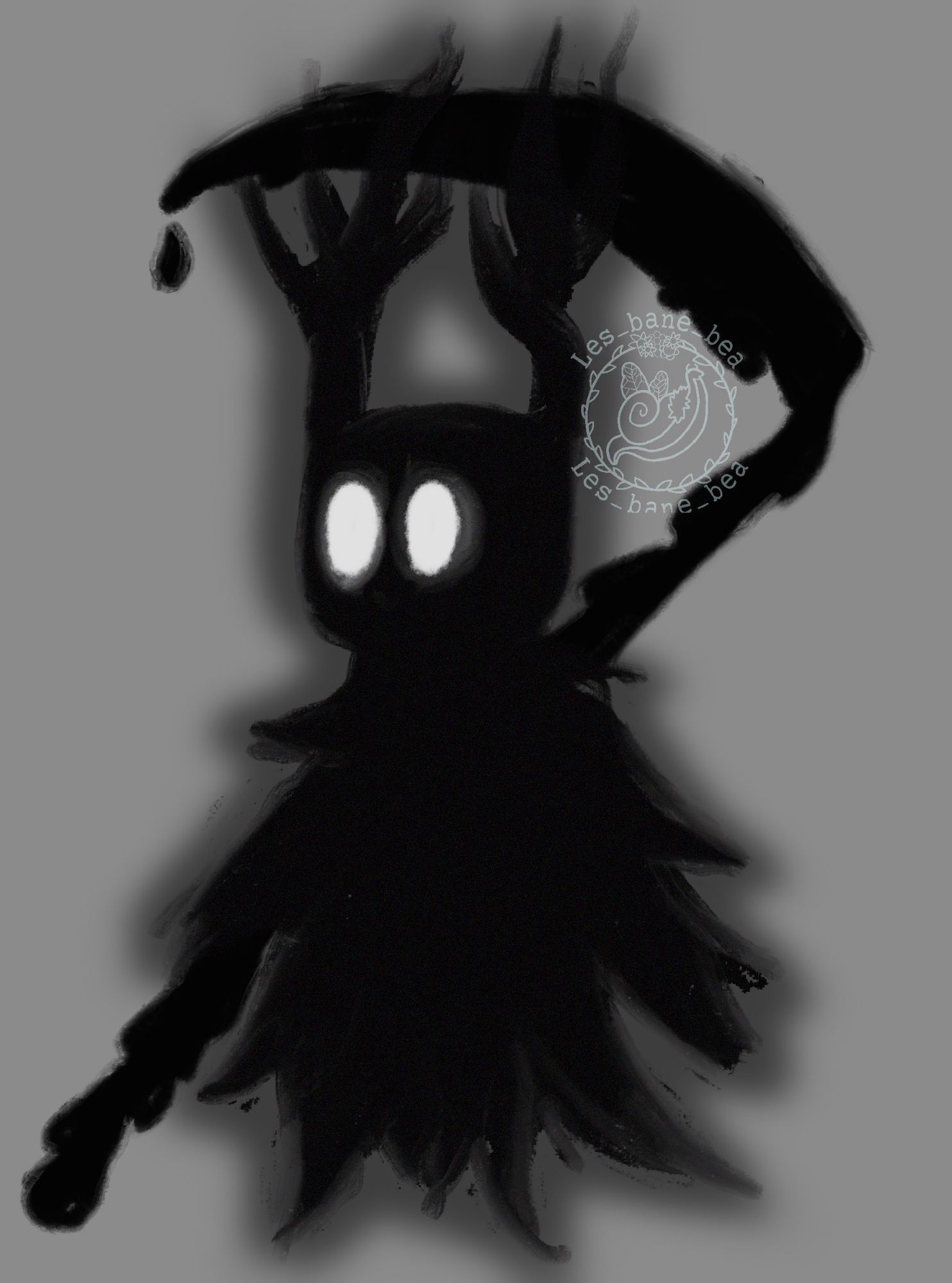 a shade from hollowknight a shadow like being with no definable form just a circle for a head antlers and Cape like tenticals 
it is holding a scythe