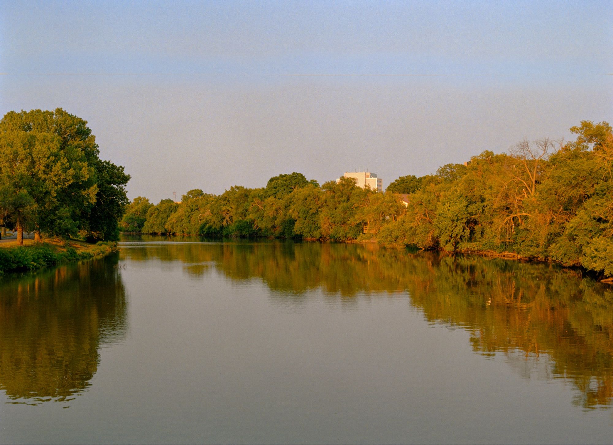 A film photograph of a tree lined river in a city.