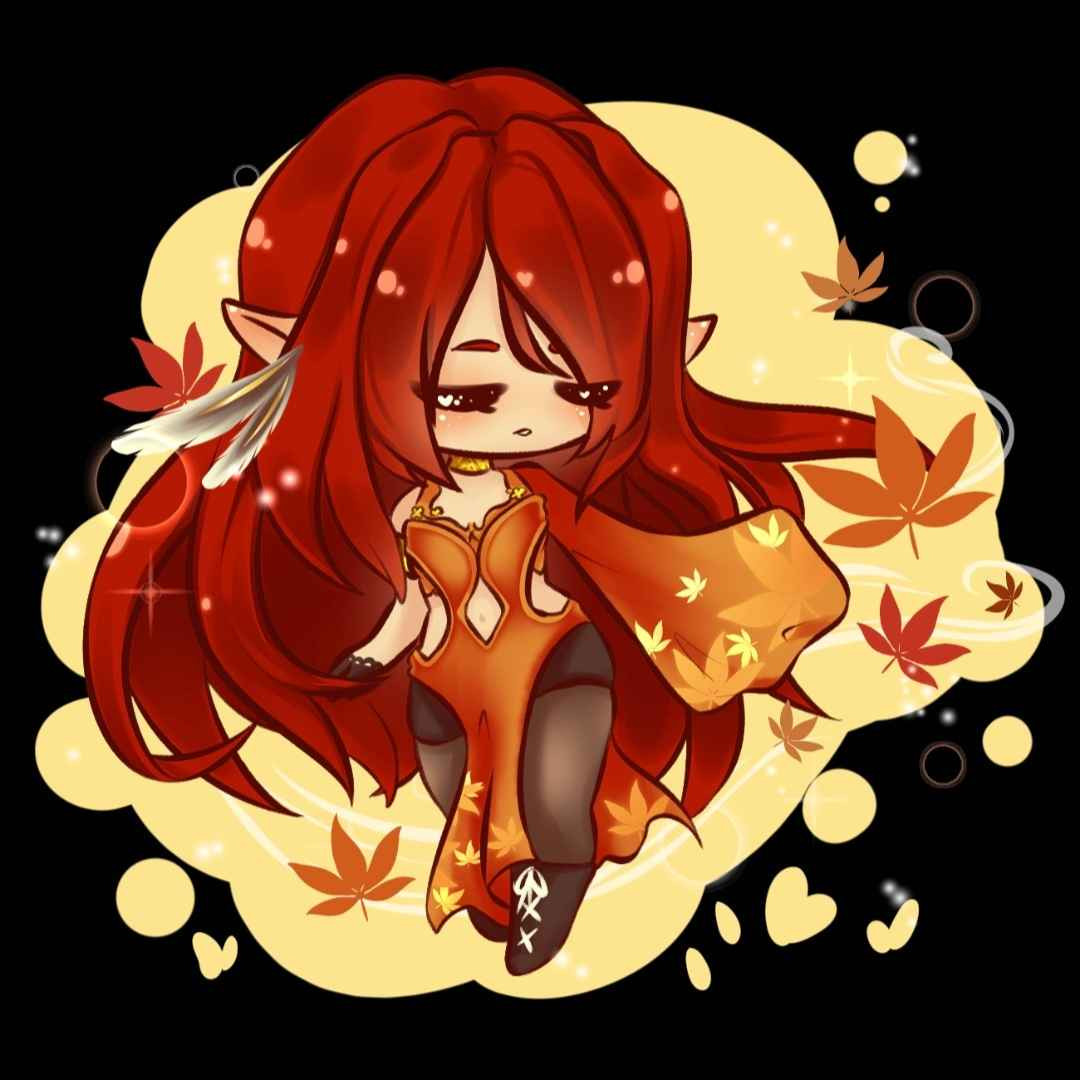 It's a Chibi Meza in her regular dress, her Crimson hair and Japanese maple leaves blown around her in the breeze, all on a soft golden splash art background~