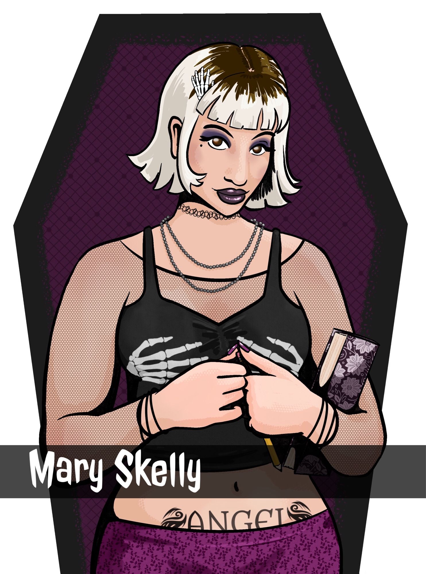 A comic-style illustration of a young woman in 90s goth clothes. She has a tight black crop top with skeleton hands on it, a purple floral skirt, and bleach dyed hair. She’s looking shyly at the camera and holding a book of petty and a pencil. She has a lower abdominal tattoo with 90s tribal designs in the shape of wings and the word “angel”