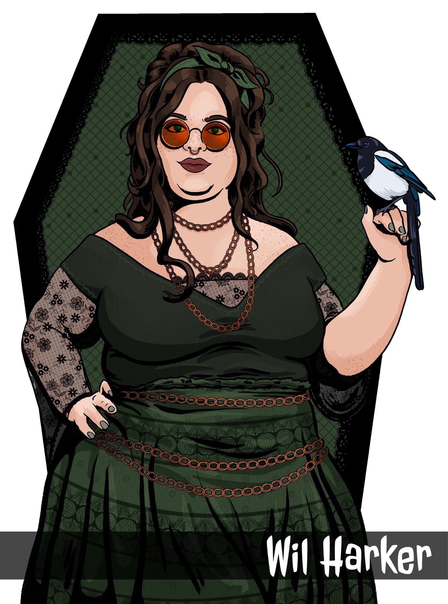 An illustration of a pale, plus-size woman with freckles and a mess of tangled brunette hair. She’s wearing dark green float clothing and lots of copper jewelry, and round copper colored sun glasses. She’s holding a magpie in one hand.