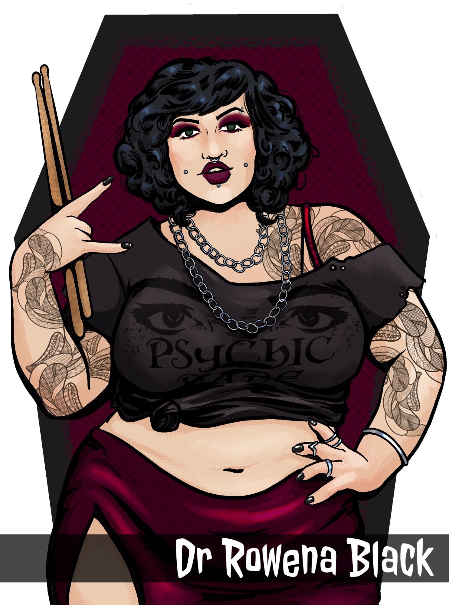 An illustration in a heavy black ink comic book style. A plus sized woman with many piercings, full sleeve tattoos, and very dark red makeup stares into the camera with a slightly sustain full look. She’s wearing a ed velvet skirt and a torn black shirt that says “psychic babe” with a pair of eyes. She is holding drumsticks and her hand is making the “rock on” devil horns gesture.