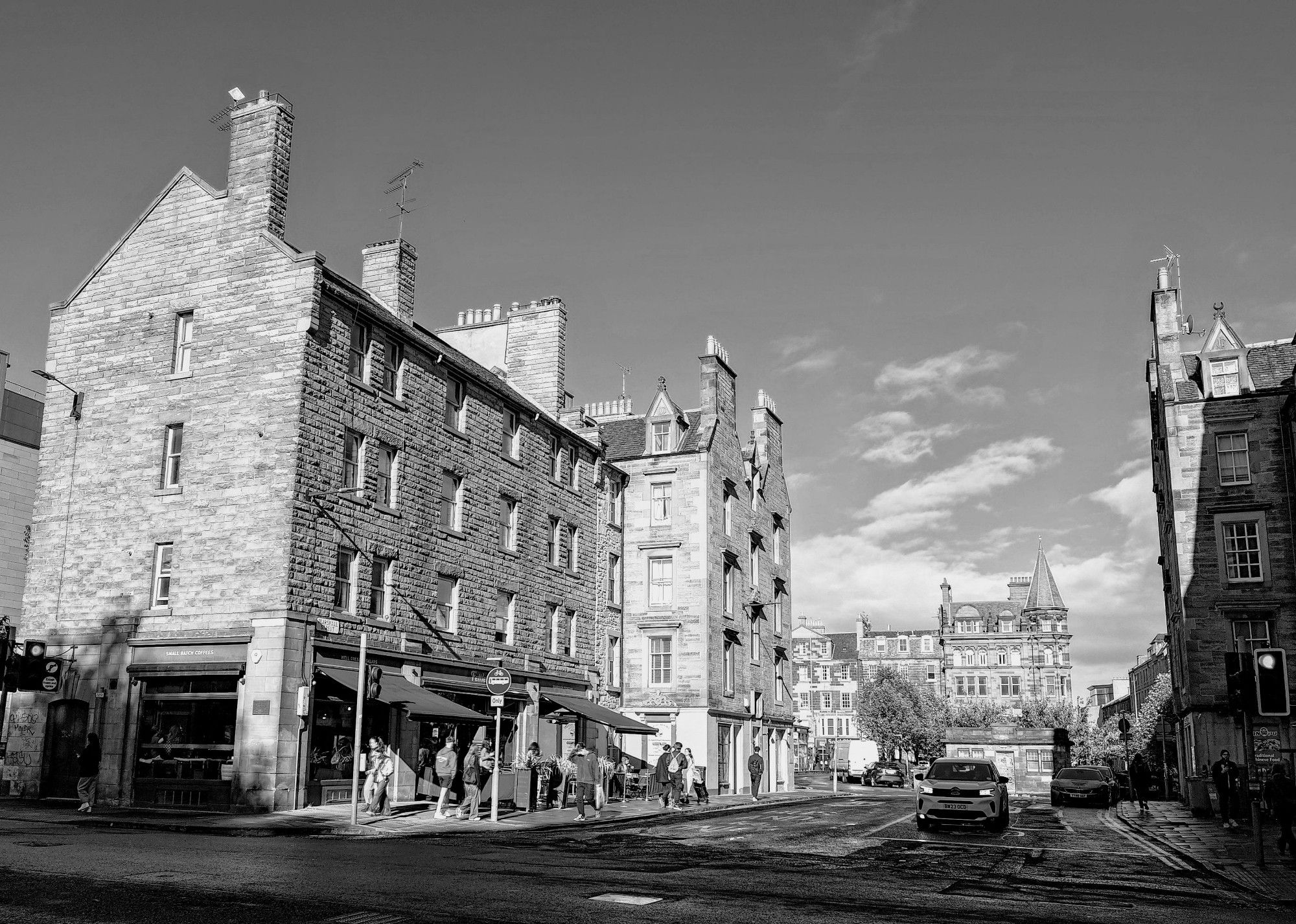 Black and white photograph of Marshall Street in Edinburgh, 2024