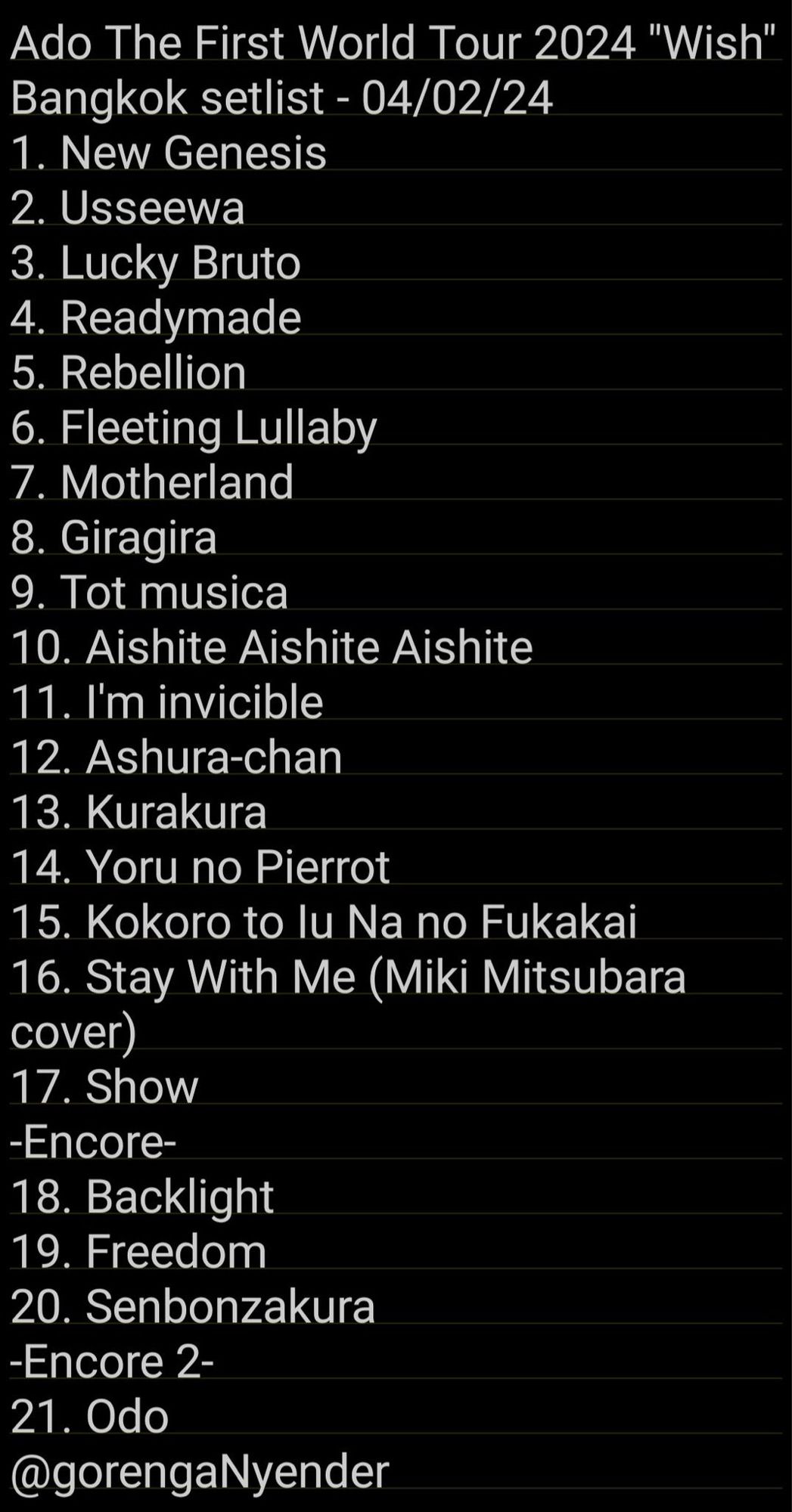 Ado The First World Tour 2024 „Wish“ Bangkok Setlist (04.02.2024)