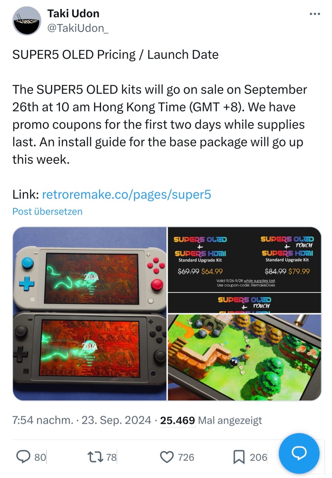 Screenshot von @TakiUdon_ auf der Plattform X. Hier wirbt man für das SUPER5 OLED Upgrade Kit für die Nintendo Switch welches am 26.09.2024 veröffentlicht wird