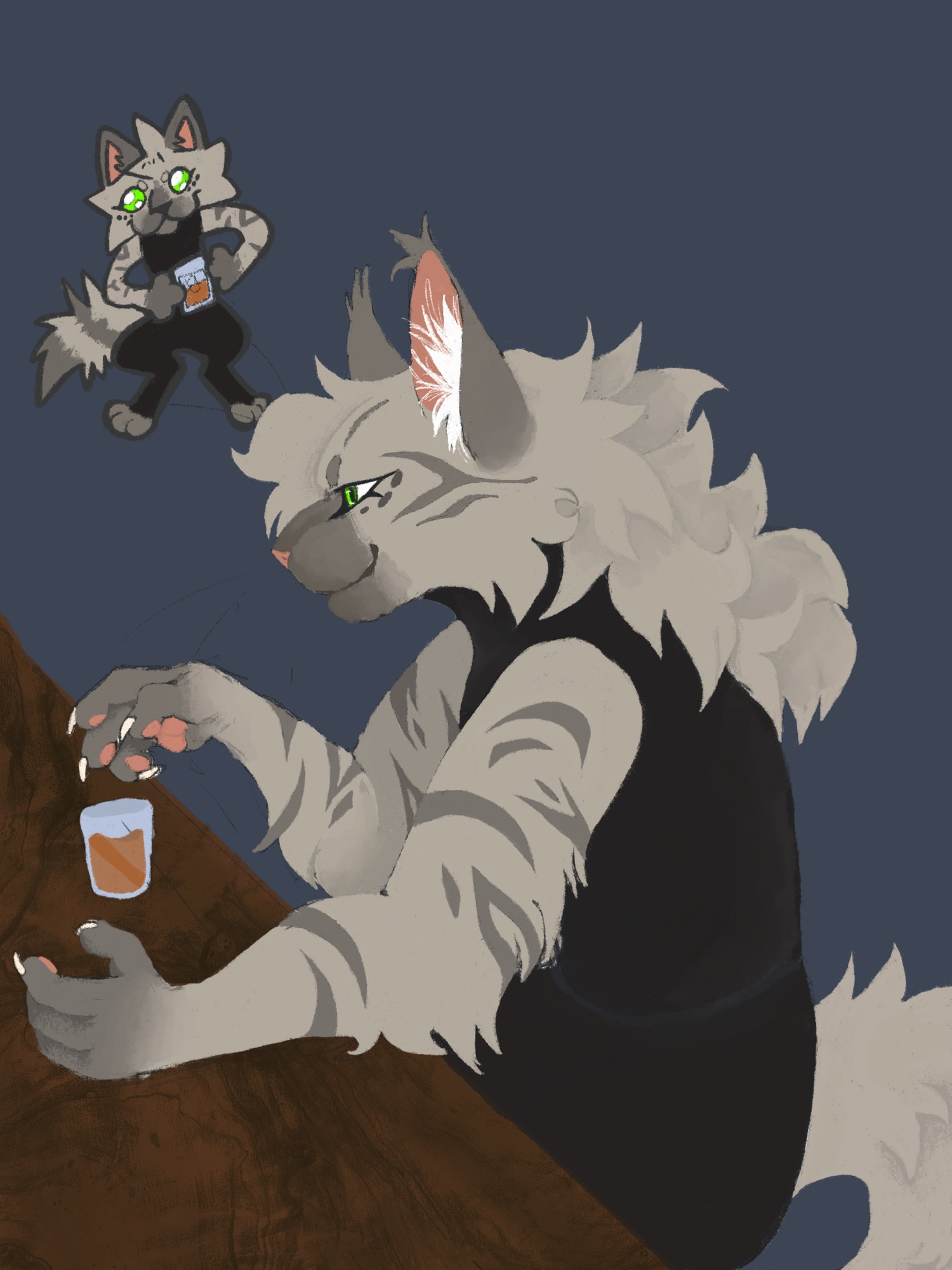 A anthropomorphic silver tabby with long fur sitting at a dark brown bar with a clear glass 3/4ths full of liquid 
