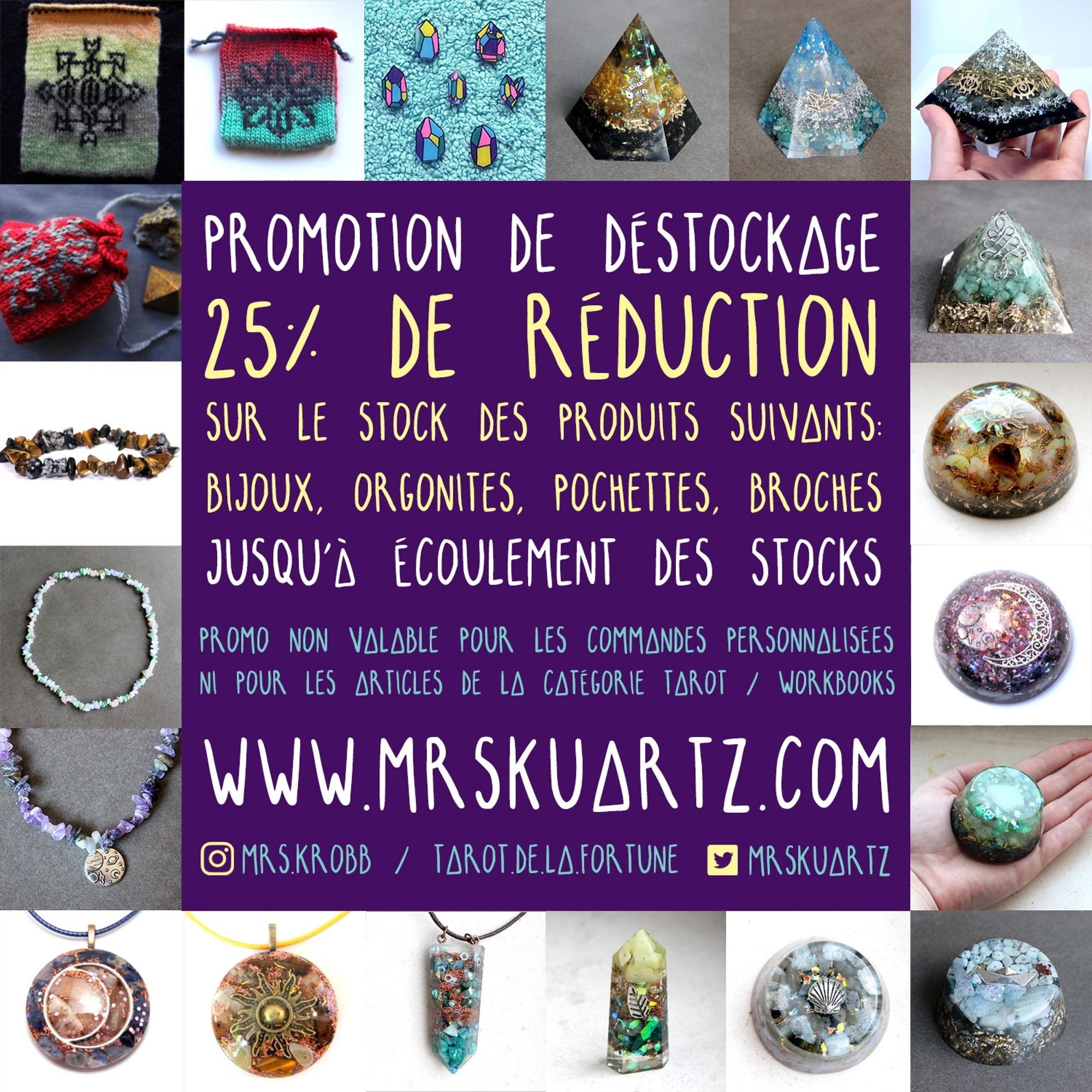 Visuel qui explique la promotion, avec plusieurs photos des choses que je propose sur la boutique : pochettes en tricot, bijoux, objets en résine et en pierres, broches