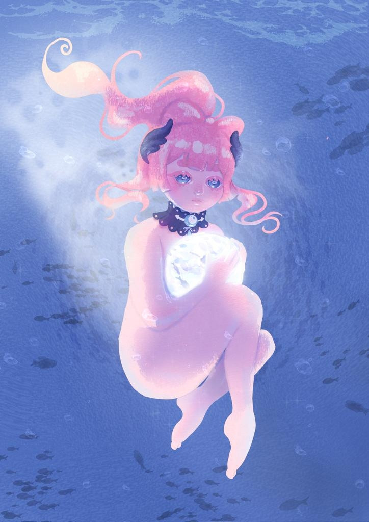 Kokomi from Genshin impact in a cute artstyle floating in the water while holding a glowing orb.
