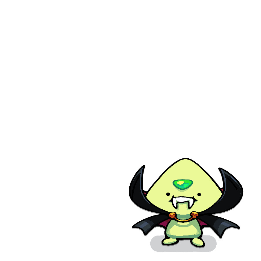 A tiny, blobbish Peridot dressed as a dracula complete with oversized fangs, sitting in the corner of an otherwise largely empty image.