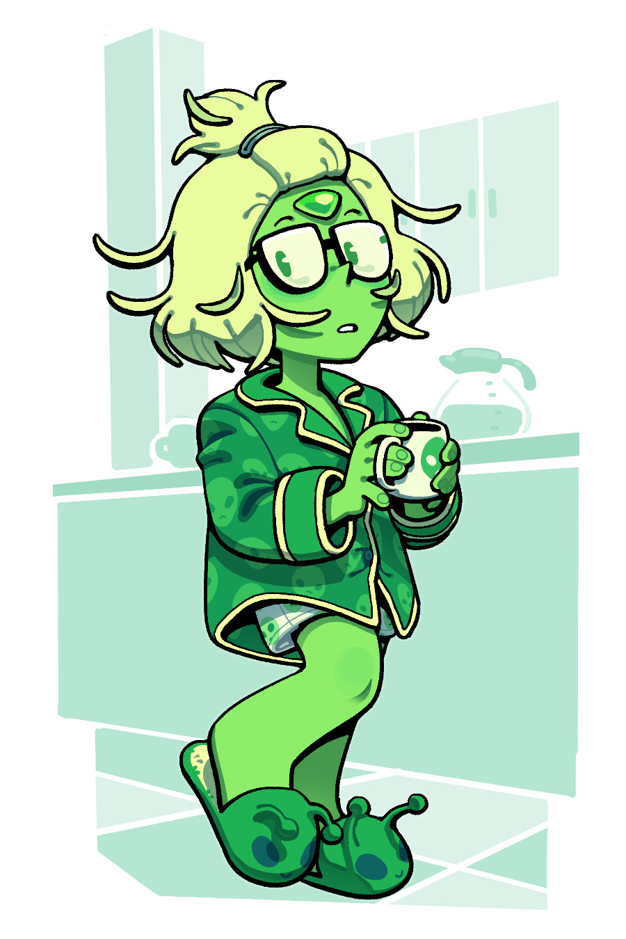 Peridot wearing an alien pajama top, similarly printed underwear, and alien themed slippers. She's also wearing glasses instead of her typical visor, and has her hair... well, not down or up precisely, but more down than usual with a hair clip keeping some of it out of her face.