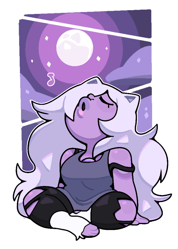 Amethyst with wolf ears and somewhat torn up shoes, sitting on the ground and howling up to the moon.