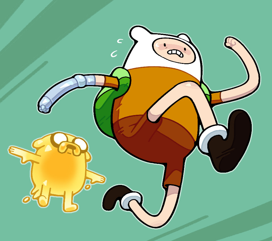 Finn wearing orange flees from a floating, spectral, and t-posing Jake the Dog.