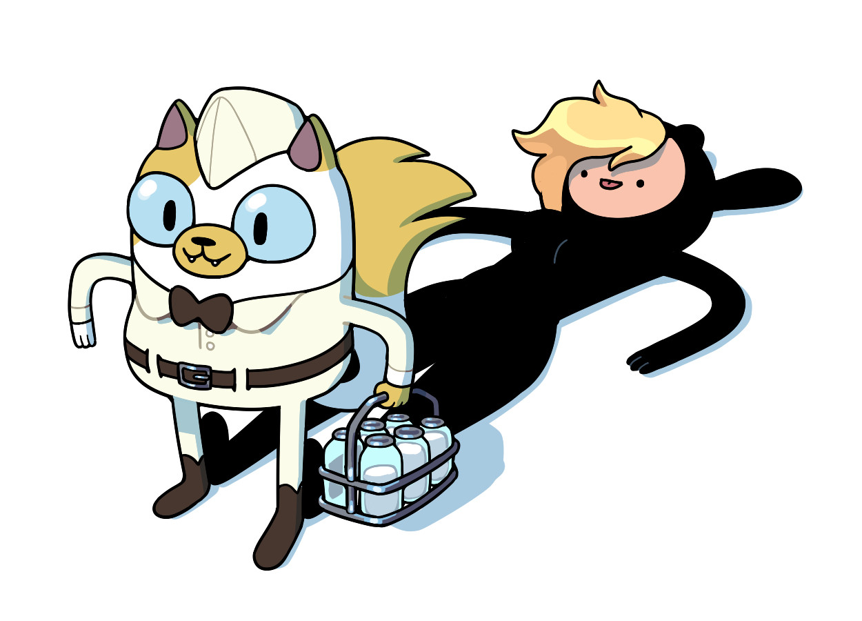 Cake dressed as a milkman, with Fionna in all black as her shadow, laying on the ground behind her.