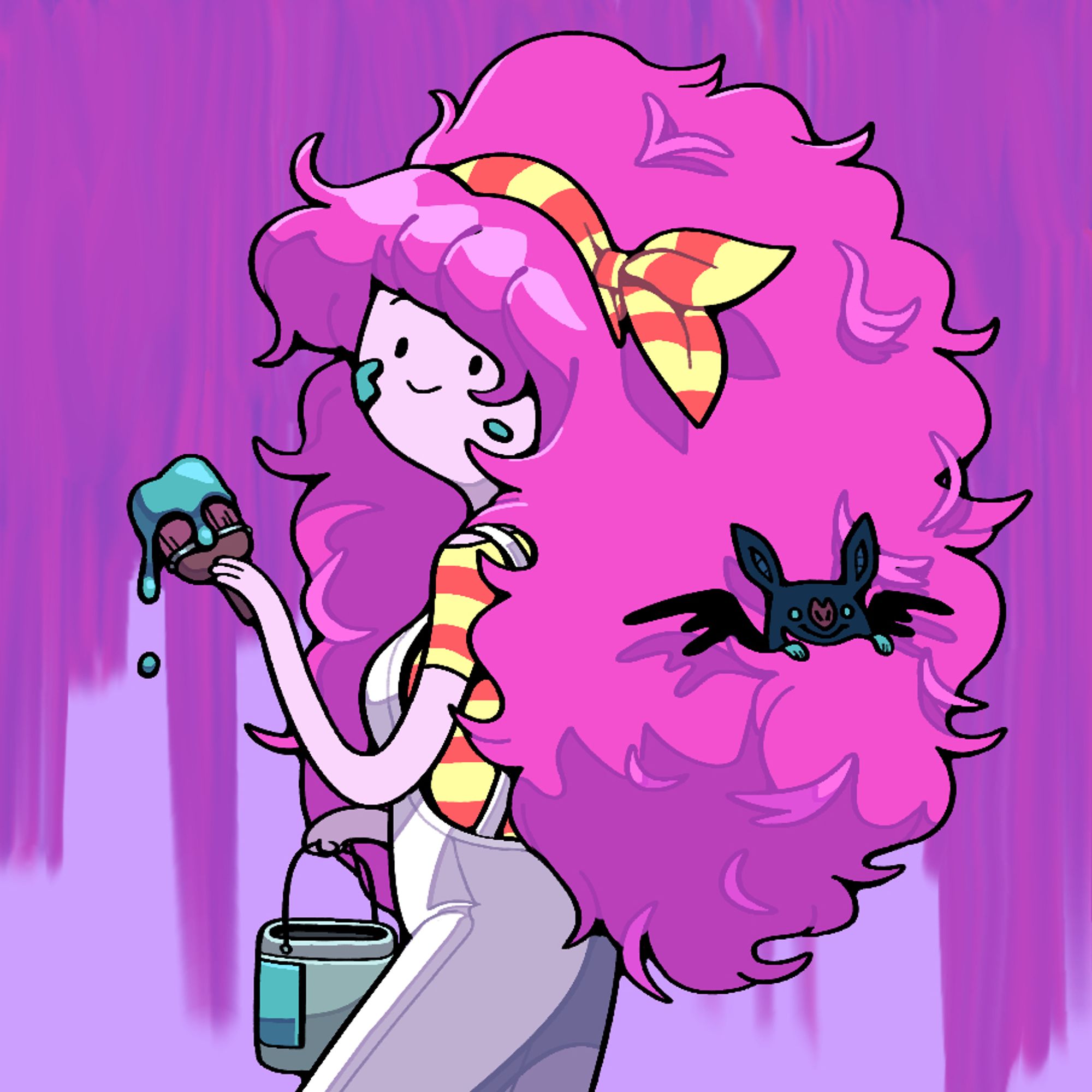 Princess Bubblegum with frizzy, cotton candy hair tied back with a striped bandana, wearing white overalls and holding a paint-covered brush in one hand and a paint-can in the other. Bat-Marcy pokes out of her hair.