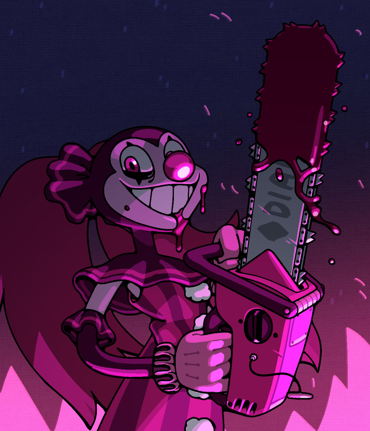 A chain-saw wielding and underlit, spooky Spinel wielding a blood-covered chainsaw.