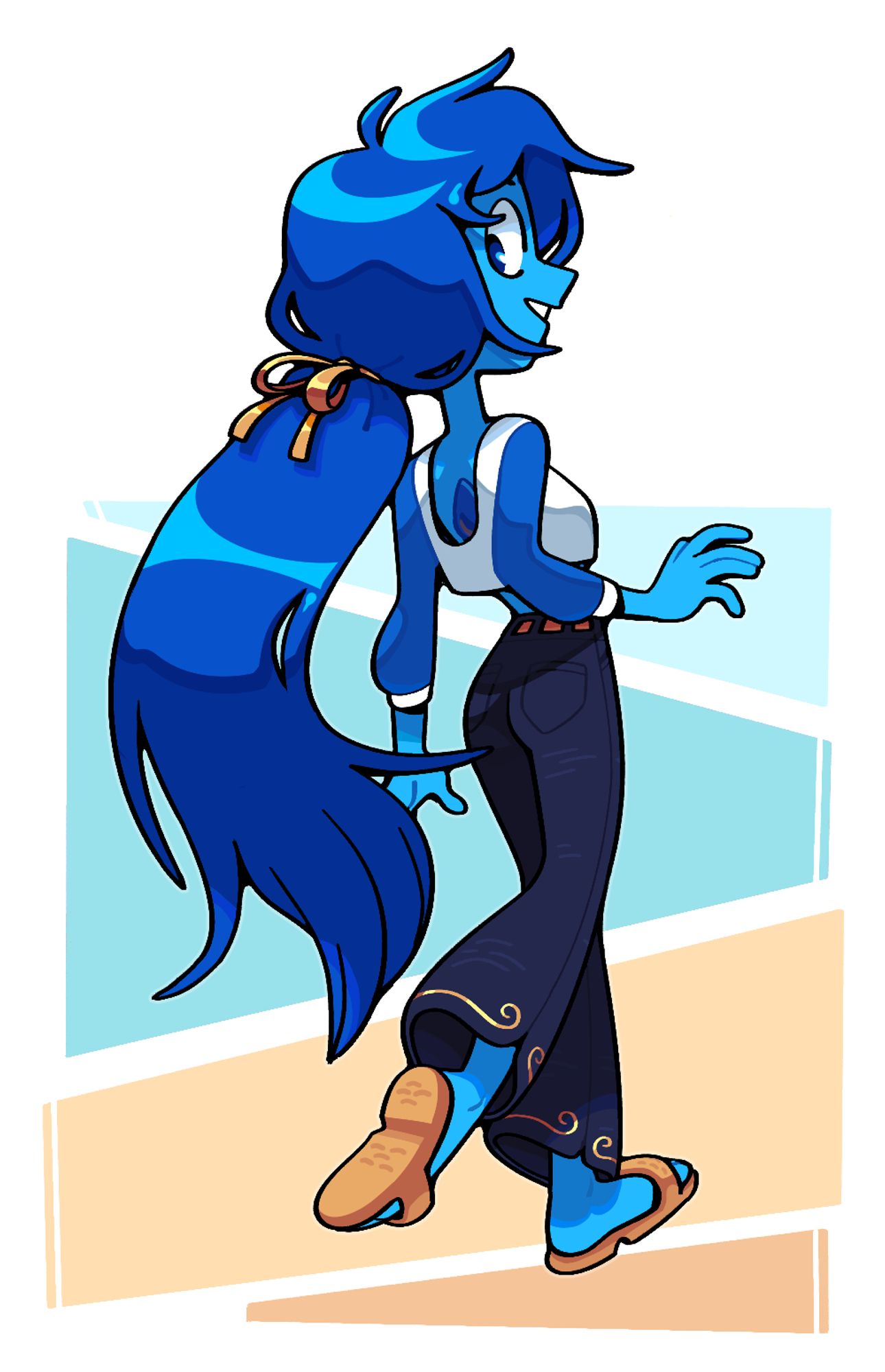 Lapis Lazuli wearing a long sleeved shirt cut to show her gem, as well as bell-bottom jeans and flip flops, walking away from the viewer while glancing back.