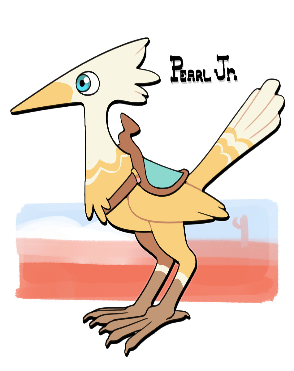 A similar depiction of Pearl's Mount, apparently a big road-runner with a similar coloration to Pearl, named Pearl Junior.