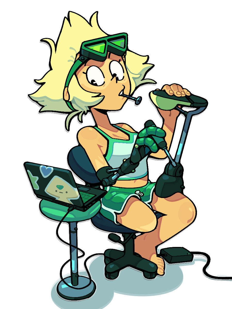 A human version of Peridot in leisure-wear, sitting on a rolling chair with a laptop propped up on a stool as she fiddles with a removed prosthetic leg, glancing over to her computer with goggles pushed up onto her forehead.