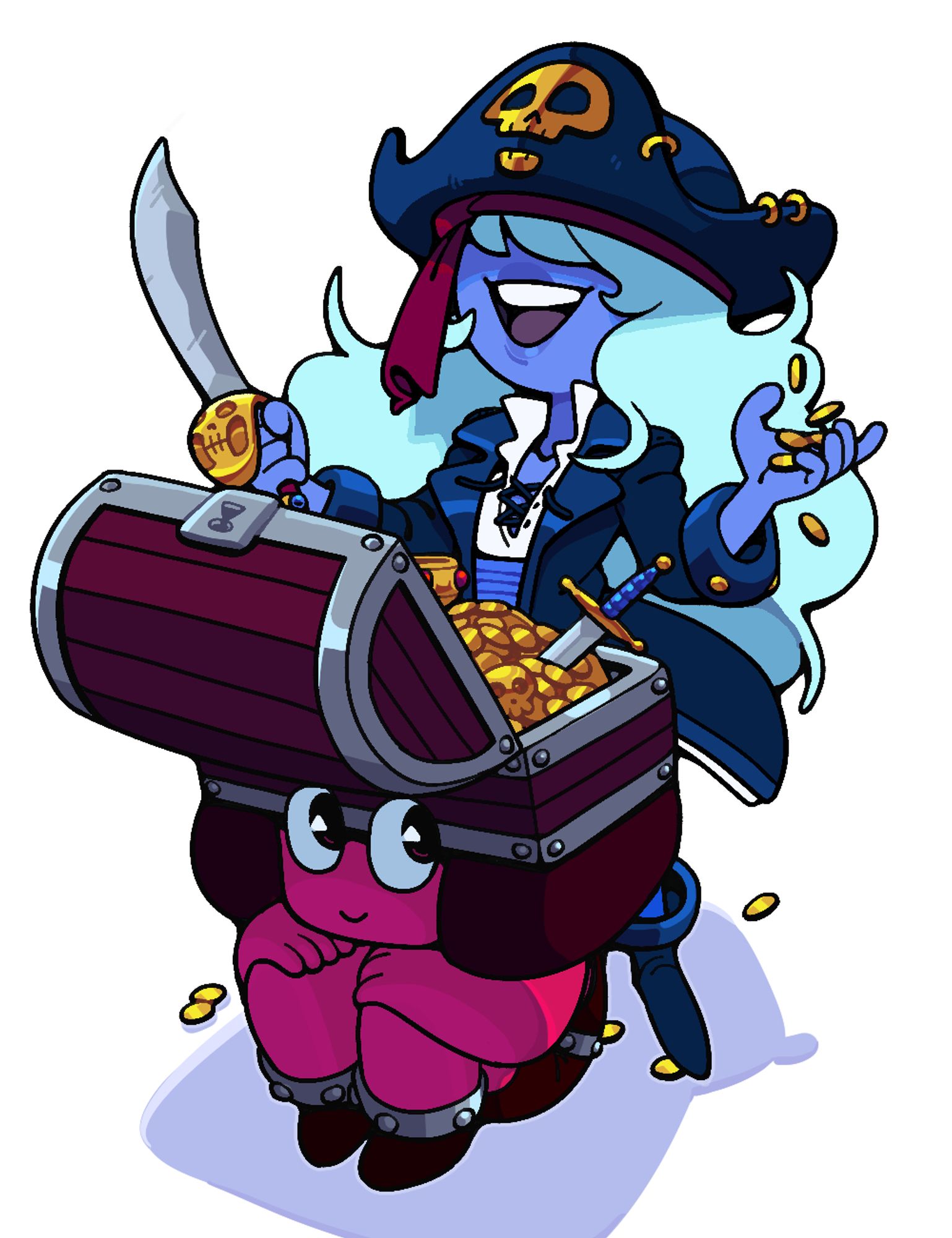 Sapphire, dressed as a pirate, gleefully stands over Ruby, who is herself dressed as a treasure chest. Or a pirate's booty, depending on your perspective.