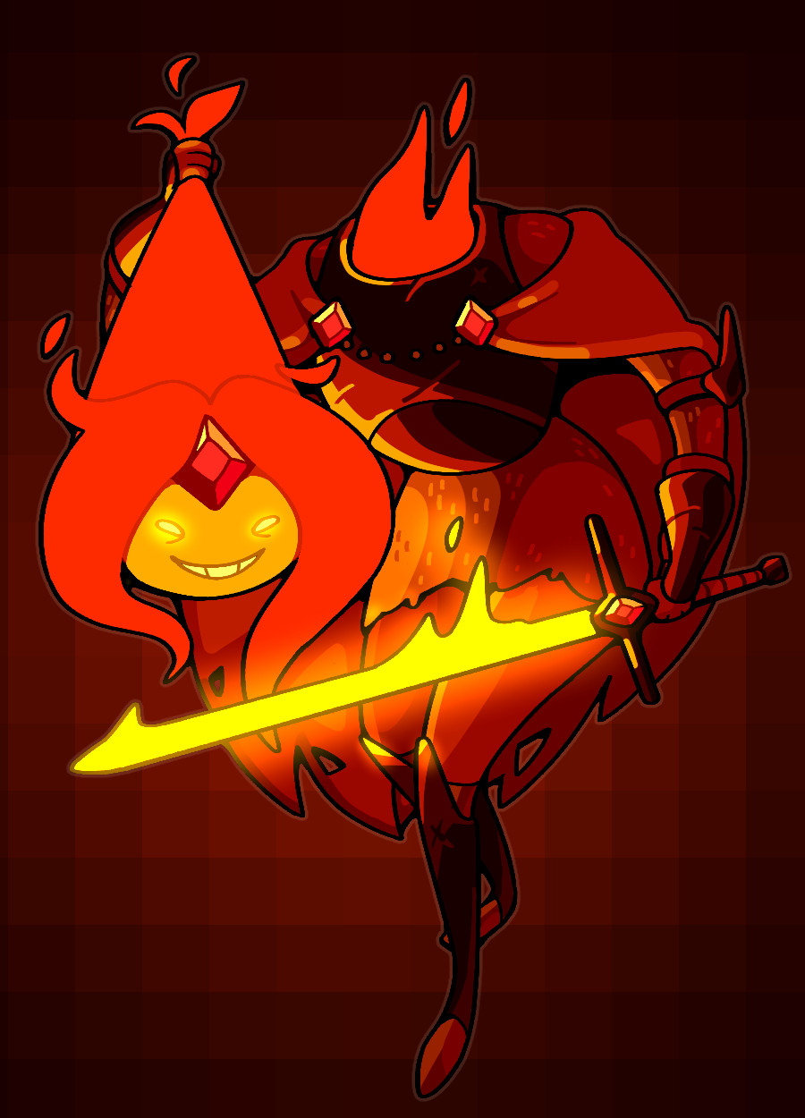 Flame Princess as a dullahan, armored and cloaked, holding her own smiling head by the flaming hair and wielding a blazing sword.