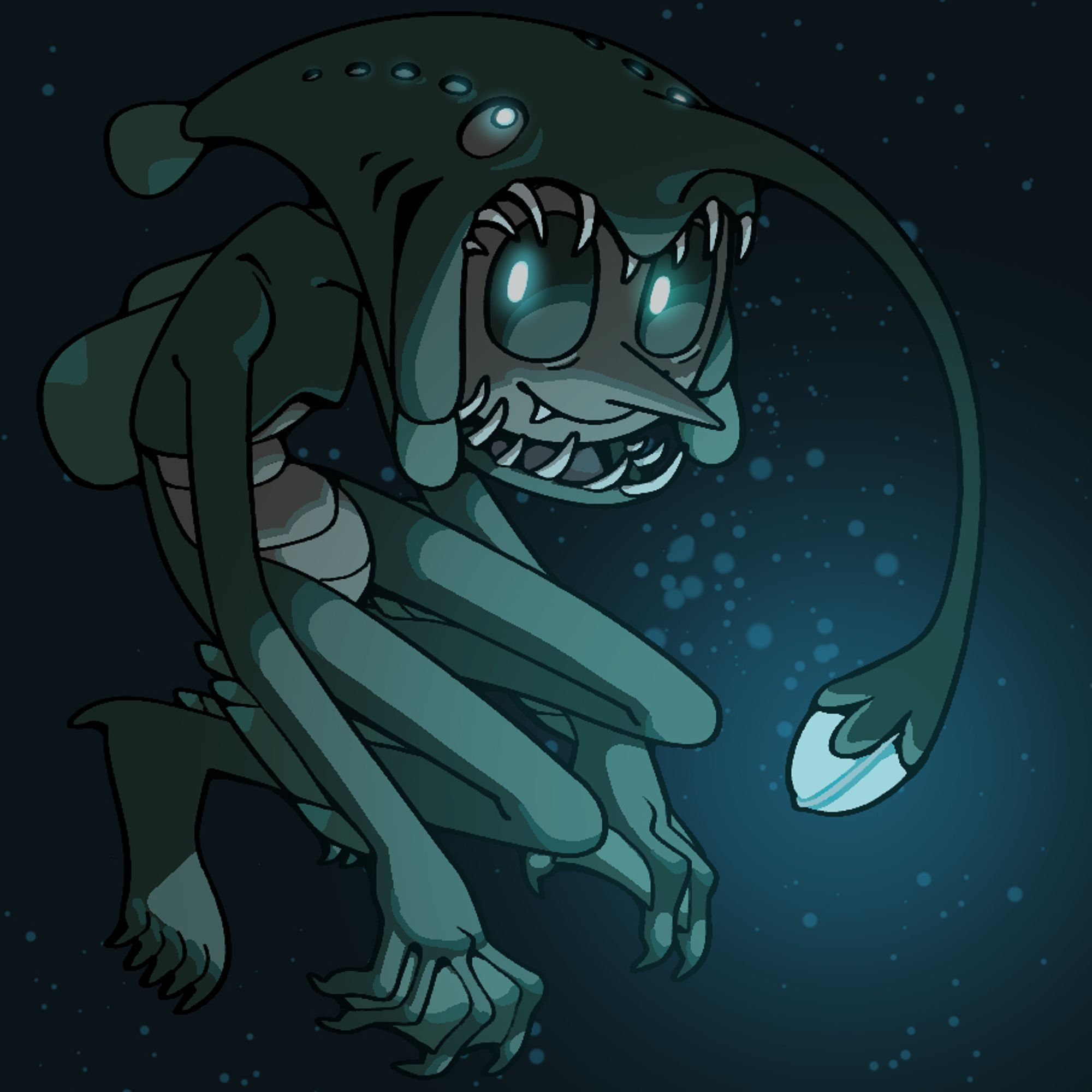 Pearl as an Anglerfish type fish-man/fish-monster, leering spookily. Or at least, what I intended to be spookily.