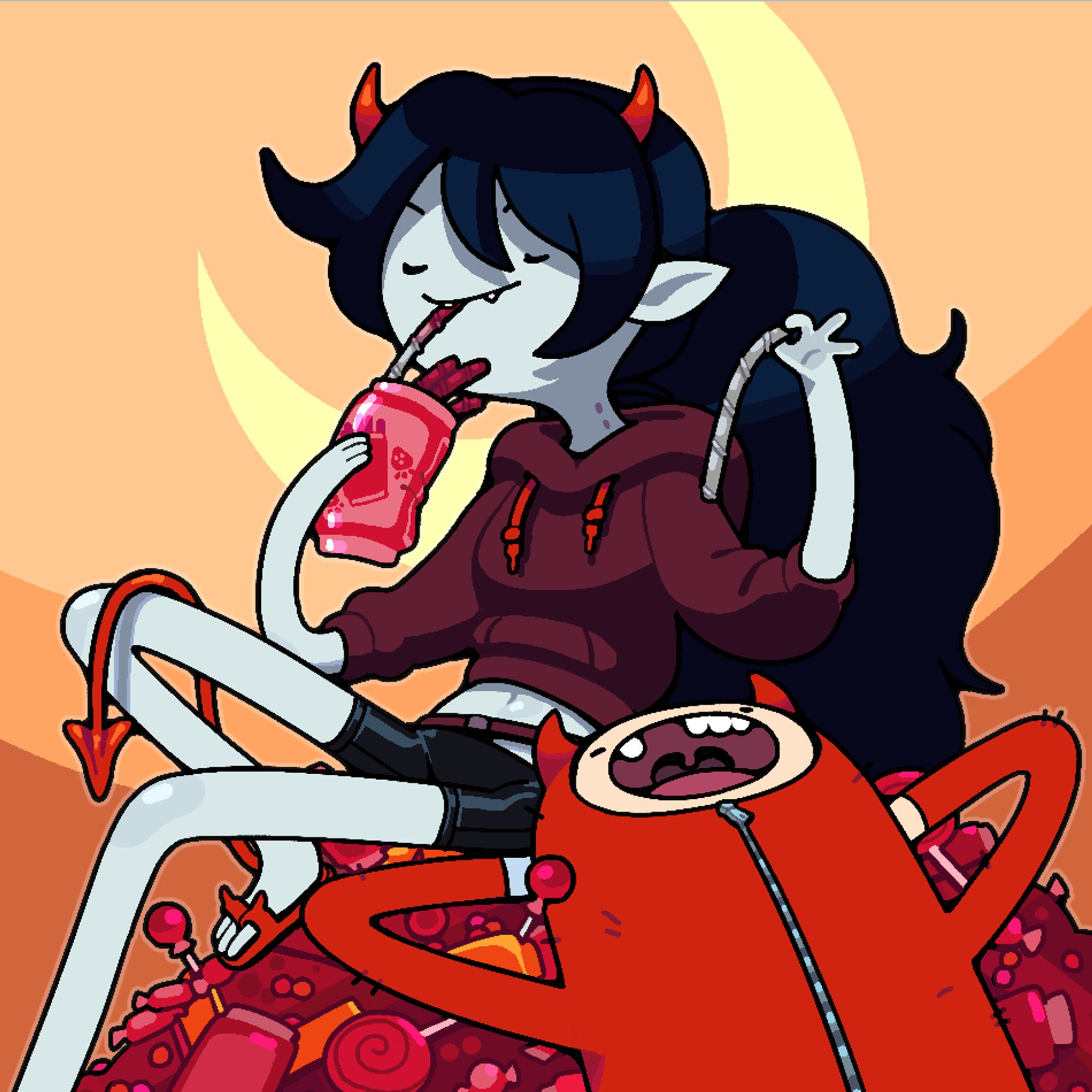 Marceline and Finn in lazy devil costumes, with Marceline wearing red horns and a tail, and Finn wearing his pajamas with horns instead of his usual bumps. Marcy sucks the red out of candy, then drops the grayed pieces into Finn's open mouth.