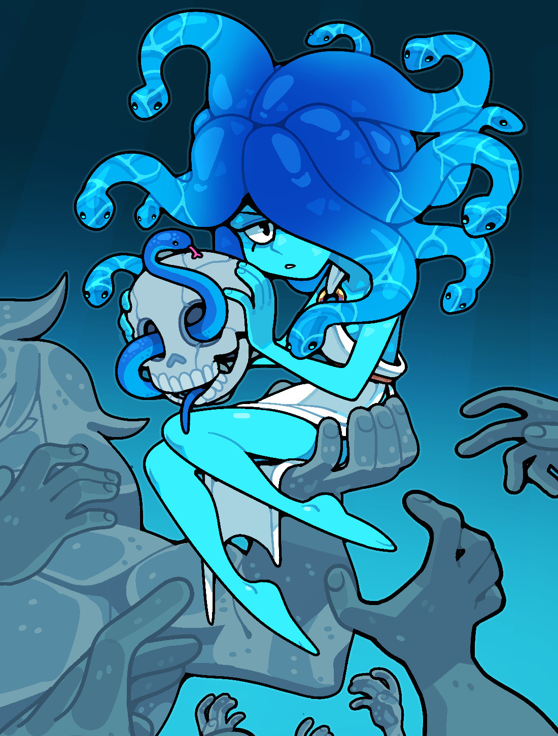 A medusa Lapis Lazuli with watery snake hair holding a skull in her hands while surrounded by grasping stone hands.