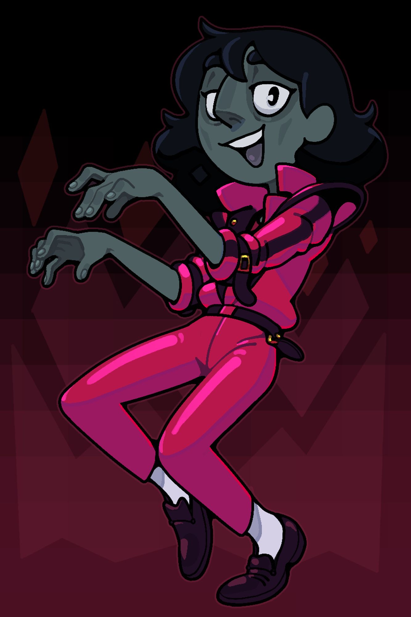 A somewhat ghoulish Connie with a grey pallor wearing a red jumpsuit sort of thing and posing in the fashion of the Thriller music video. She seems happy about it.