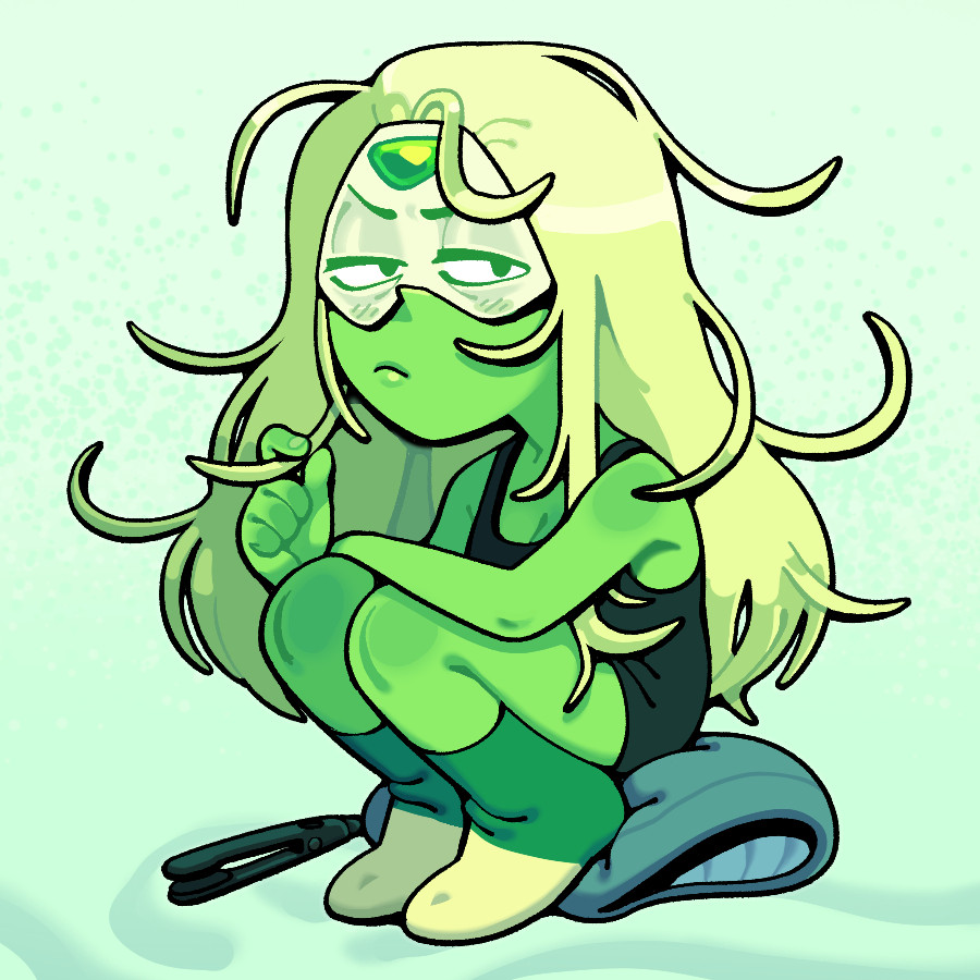 Peridot in lazy pajamas sitting somewhat grumpily on a pillow, a hair straightener next to her, and her hair largely down--though rebellious locks still try to bounce upwards.