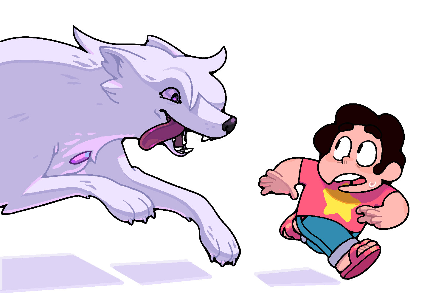 A wolf Amethyst happily chasing a running, worried Steven.