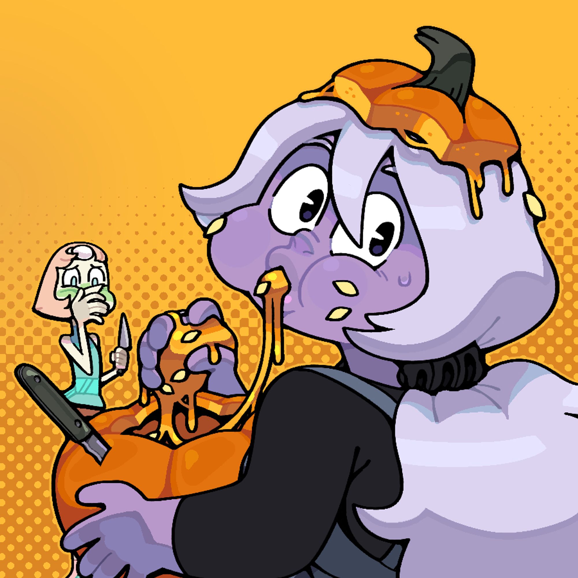 Amethyst looks over her shoulder while eating the goop out of a pumpkin, wearing its removed crown as a hat. Pearl looks on, sickened.