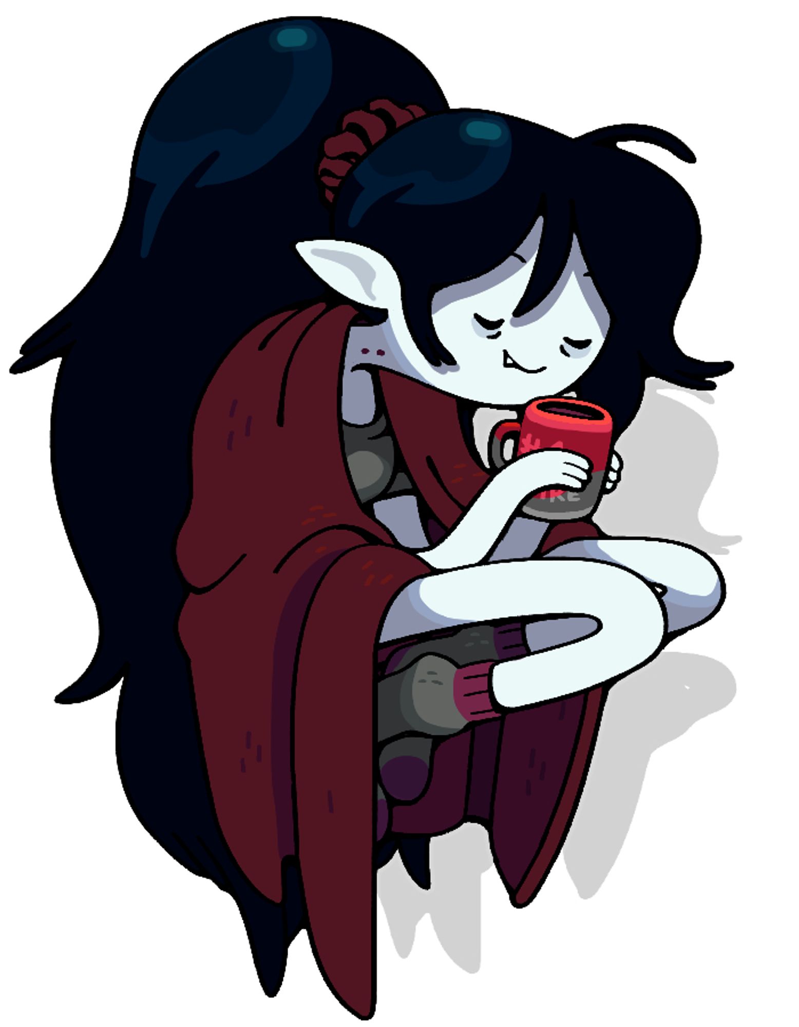 Marceline floats with a blanket around her shoulder, and a half-drained red mug in her hands, eyes closed and generally looking both sleepy and comfy.