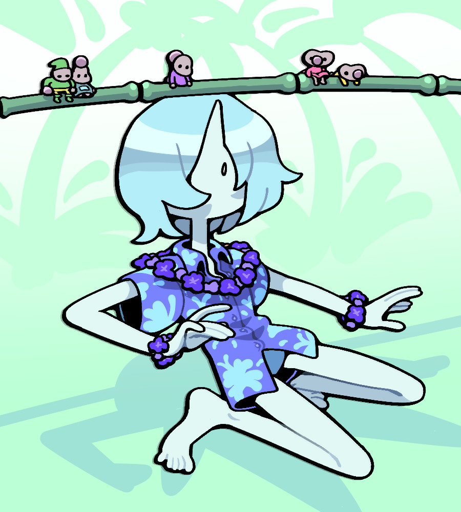 Blue Pearl in an aloha shirt limboing beneath a stick on which several Pebbles are perched.