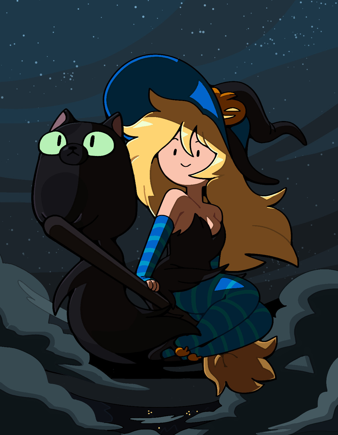 Fionna dressed as a witch and Cake with Black fur, both riding on a broom, flying through the night sky.