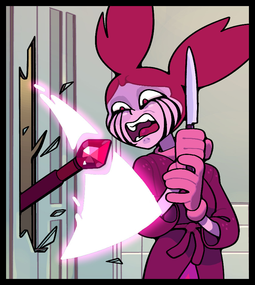 Spinel horrified and holding a knife as an energy axe resembling her own scythe crashes through a wooden door beside her.