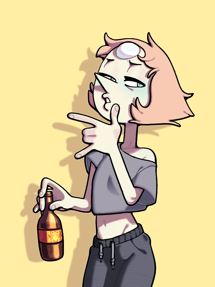 A disheveled Pearl in sweat pants and a loose t-shirt, holding a root beer.