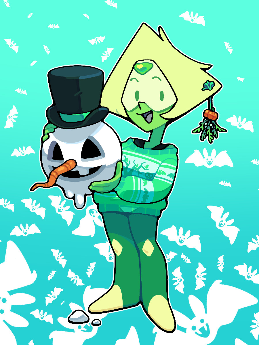 Peridot in a Halloween-print christmas sweater, holding a snowman's head that looks like a jack-o-lantern with a sprig of mistletoe bound together with a little pumpkin. 