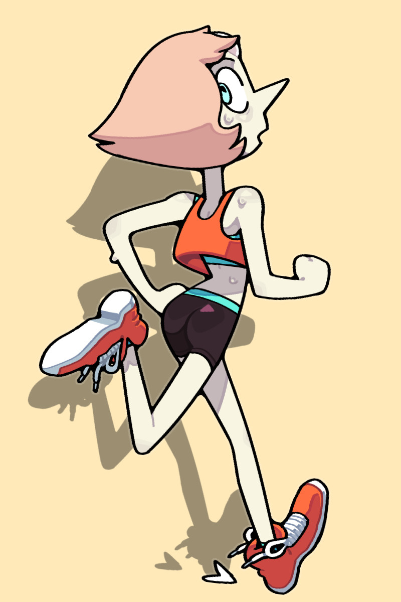 Pearl in orange-ish work-out gear, jogging while glancing back towards the viewer.