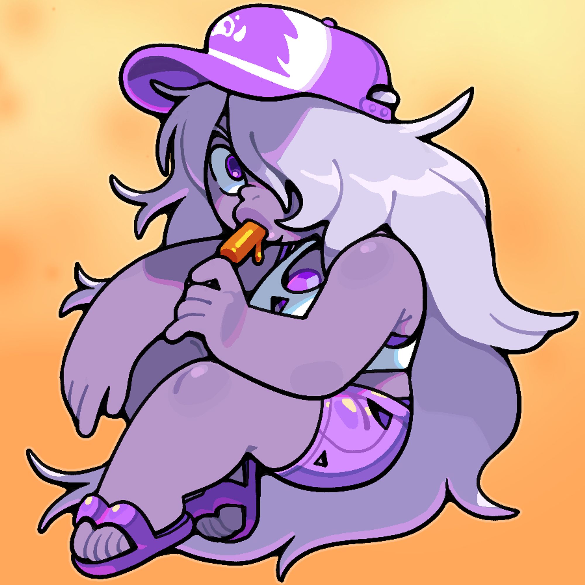 Amethyst wearing a baseball-hat with a cartoonish boar on it, as well as a tank top, shorts, and flip-flops, lounging while eating a popsicle.