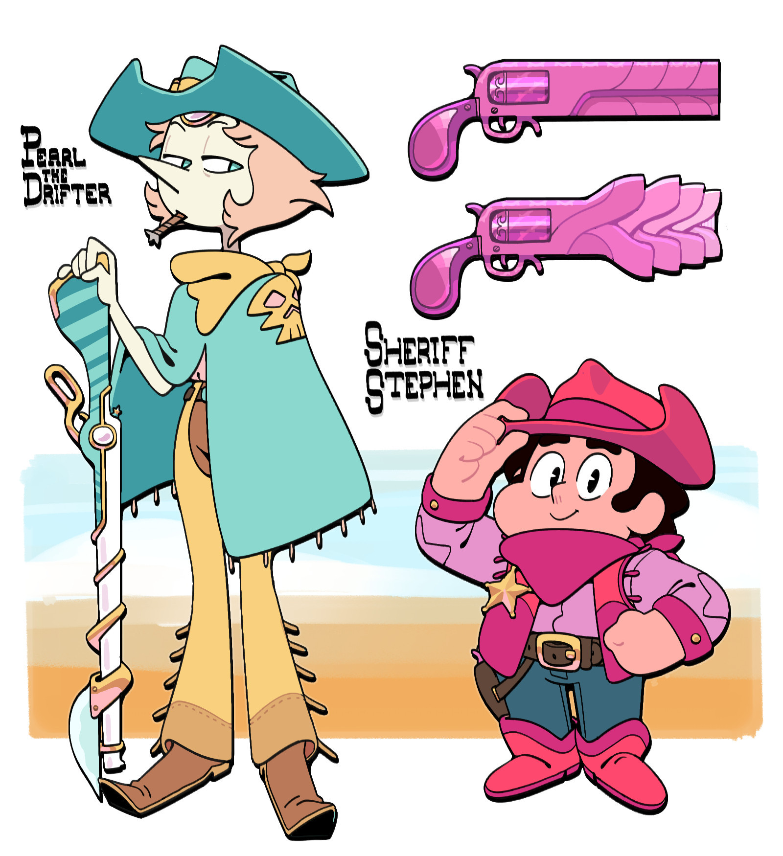 A cowboy Pearl and a cowboy Steven stand side by side in a model-sheet-esque page, which includes decent depictions of their weapons, Pearl's lever-action rifle and Rose's Revolver.