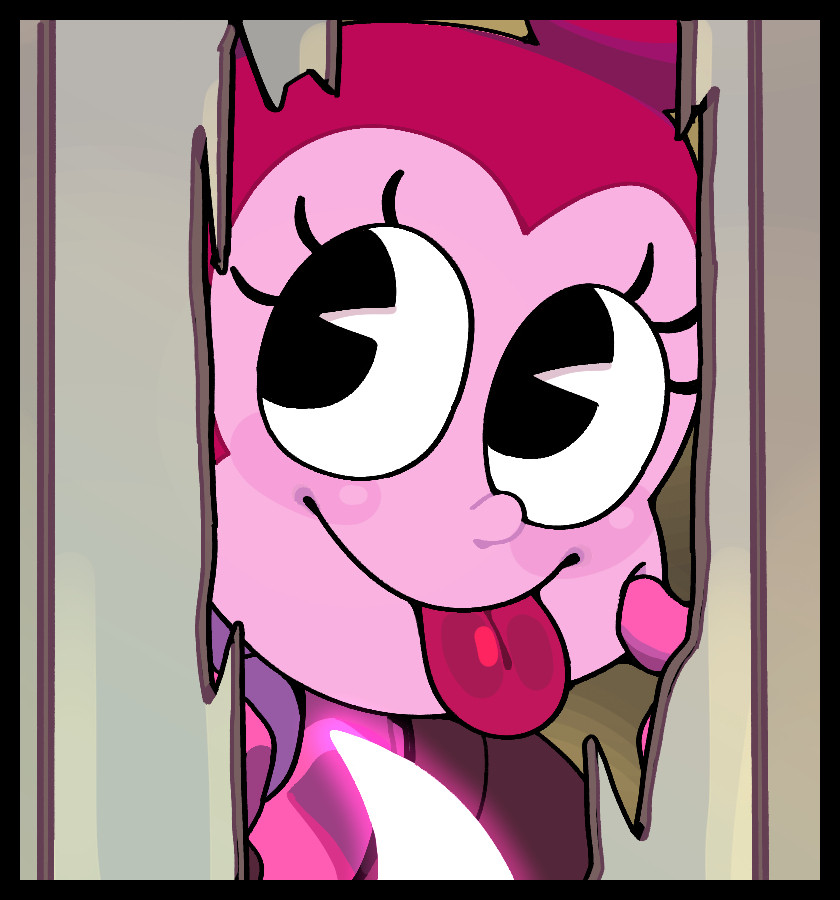 Past/Cute Spinel peering through the doorway cutely, poking her cheek and sticking her tongue out.