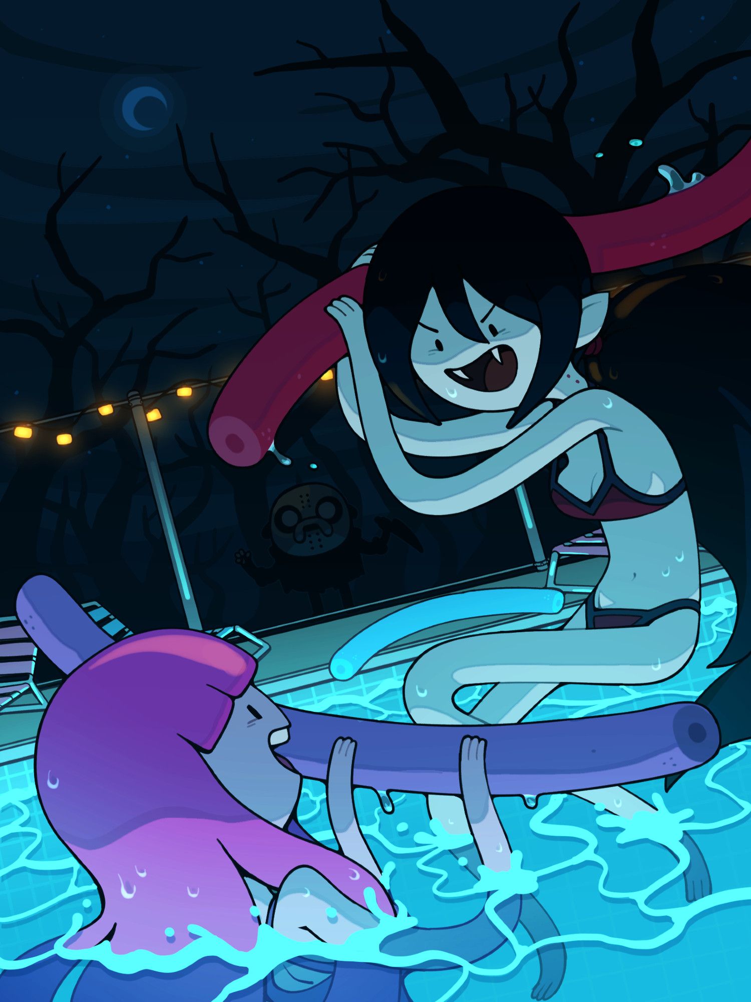 Marceline and Princess Bubblegum having a pool-noodle fight in an underlit pool in the depths of the night, seemingly unaware of a serial killer (which is to say, Jake the Dog in a hockey mask) lurking in the background.