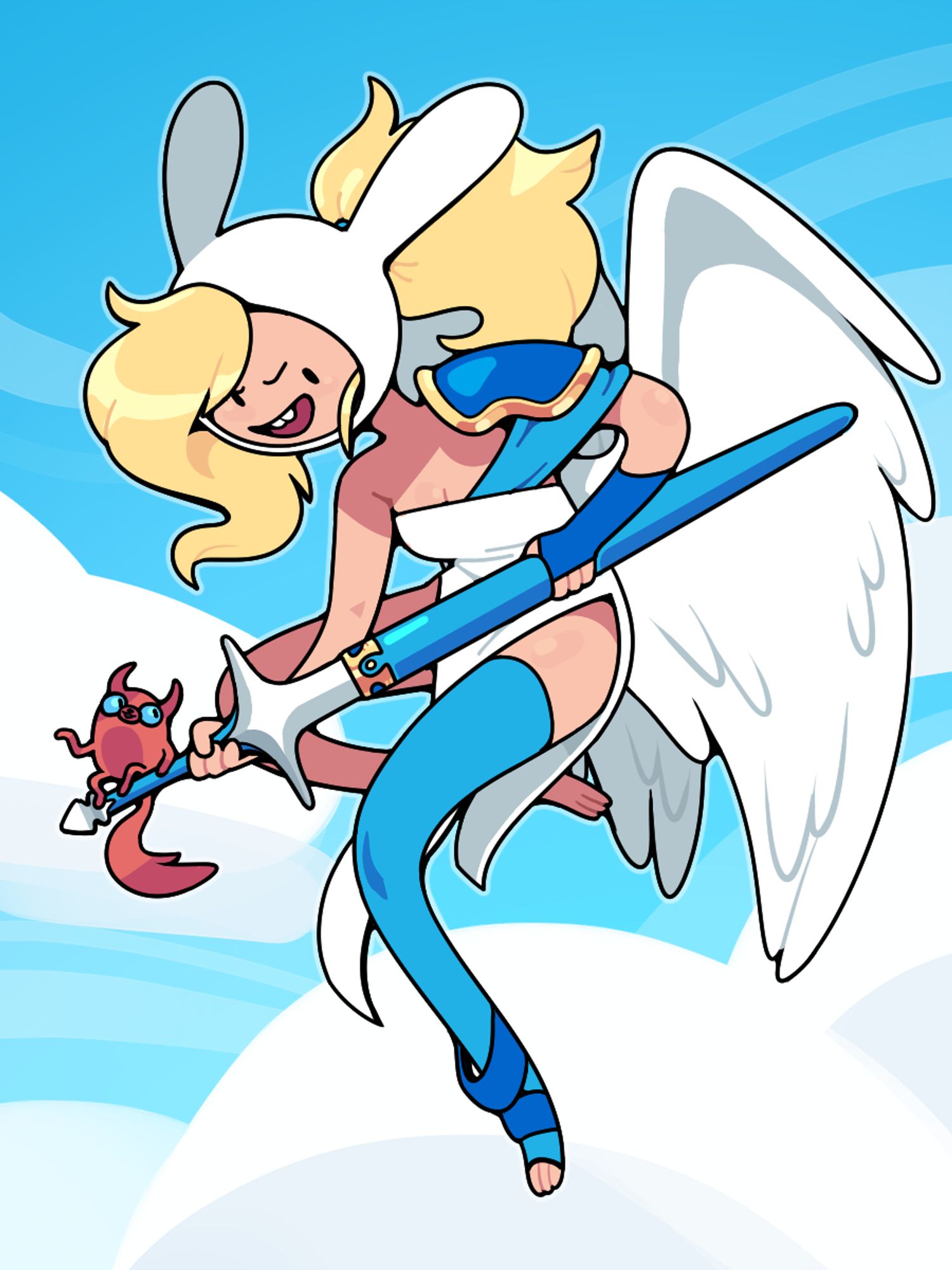 Fionna with angel wings and a white, fairly revealing dress supported by a blue sash and a pair of blue gloves, drawing a white blade. A red, devilish Cake sits on its grip.