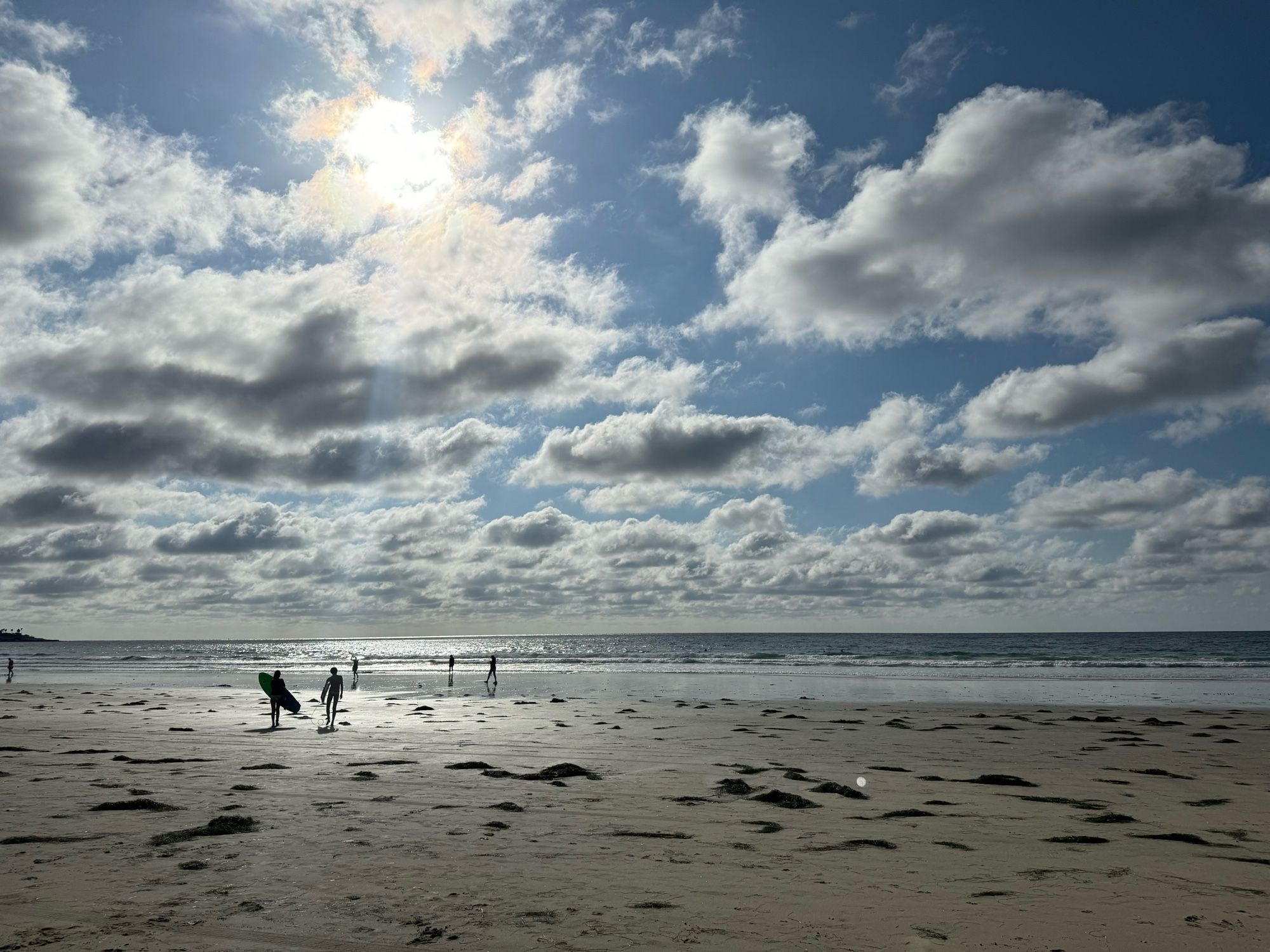 View of the Pacific Ocean at La Jolla Shores beach on a beautiful Friday afternoon. Sun is peeking from behind clouds.