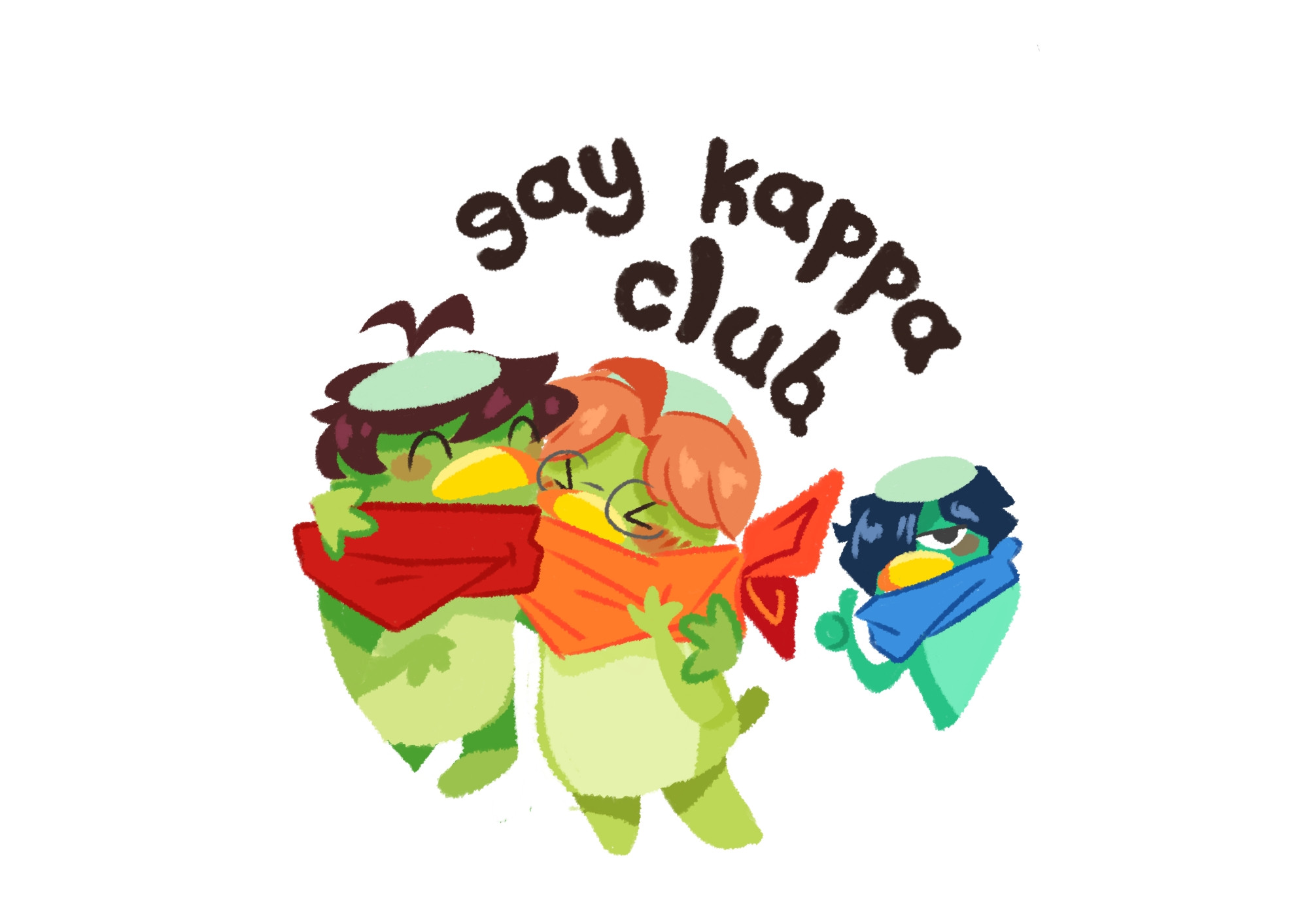 It's a pin design with characters from the anime Sarazanmai
It's a drawing of the main three boys in their kappa forms. At the front, Kazuki and Enta are smiling and have their arms around each other. In the background, Toi gives the viewer a thumbs up.
Text on the image reads "Gay kappa club"