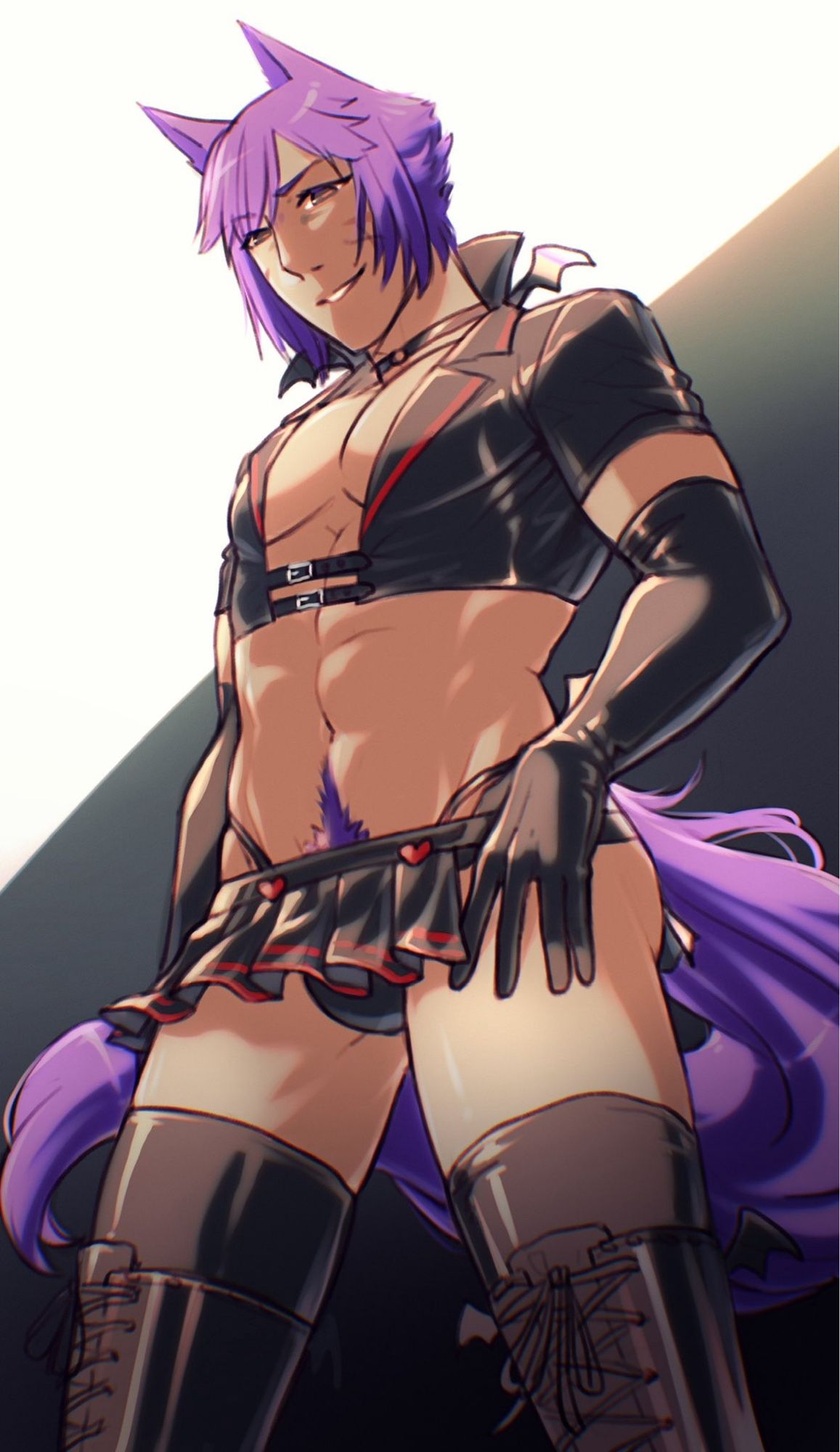 A purple-haired dog boy wearing black leather fetish nurse gear, designed by MoeFlavor. He’s grinning down at you while tugging down a miniskirt and thong that cover nothing.

How can he help you feel good today? 😈

#BDSM #leather #nurse #kemonomimi #dogboy #Vtuber #ENvtuber #VtuberEN #lewdtuber #skyhub 🖤🧡🐾 #muscles #bara #malenurse